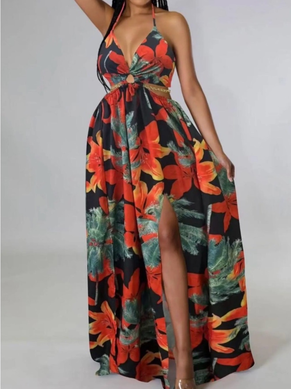 Women's Floral Print Chain Decor Split Thigh Tie Back Cami Dress
